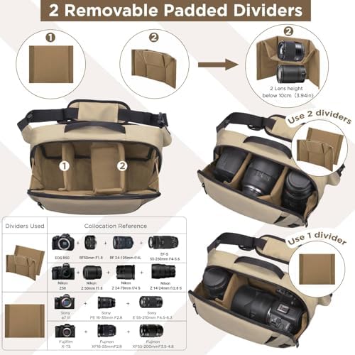 TAAOKA Sac à bandoulière étanche avec support pour trépied, sac léger pour appareil photo DSLR/SLR/sans miroir, pour photographes - Café – Image 2